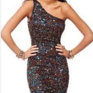Scala Sequin One-Shoulder Dress Blue Brown Size 0